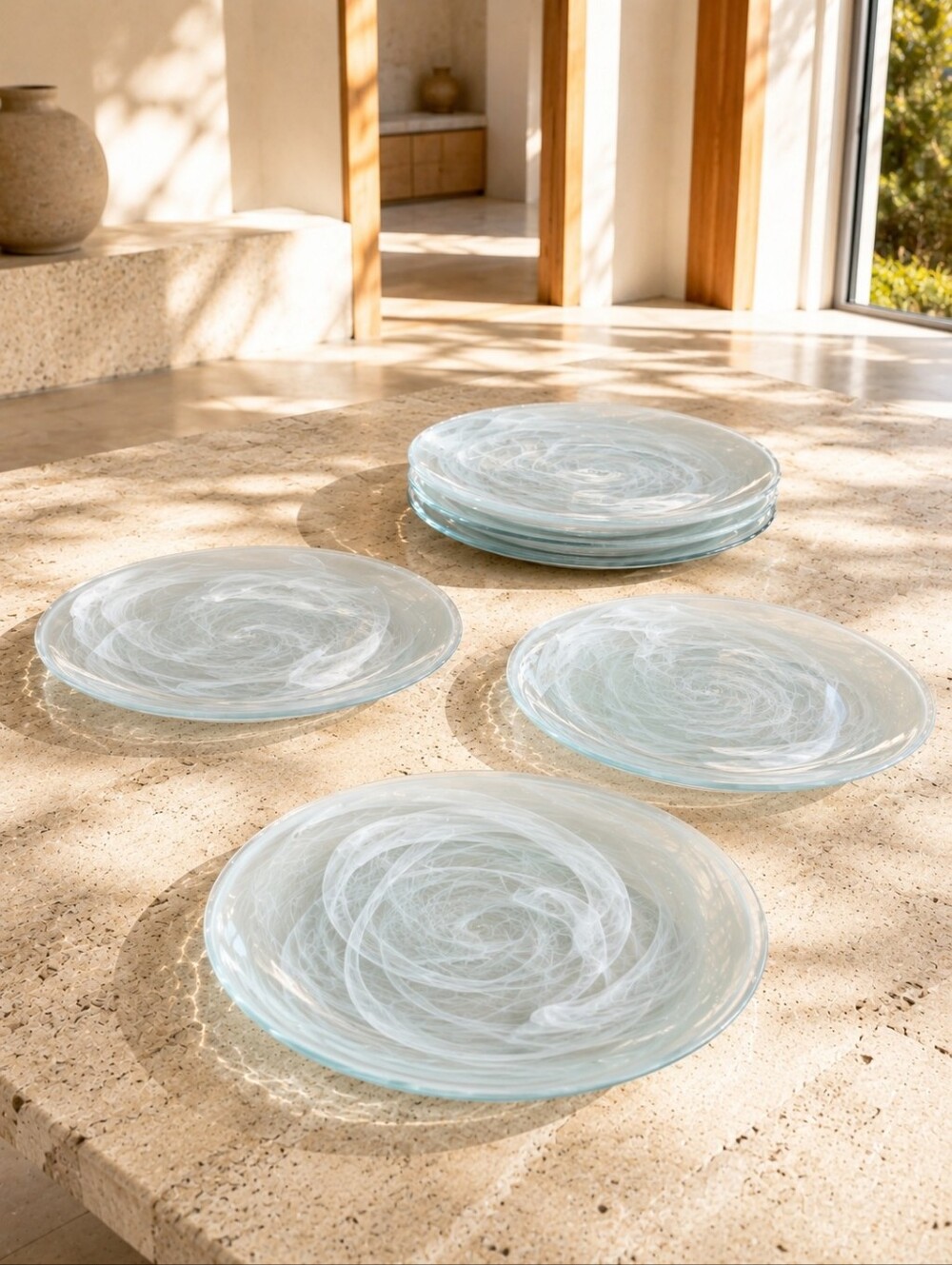 Alabaster Swirl Art Glass Charger Plates 12" Set of 6 White